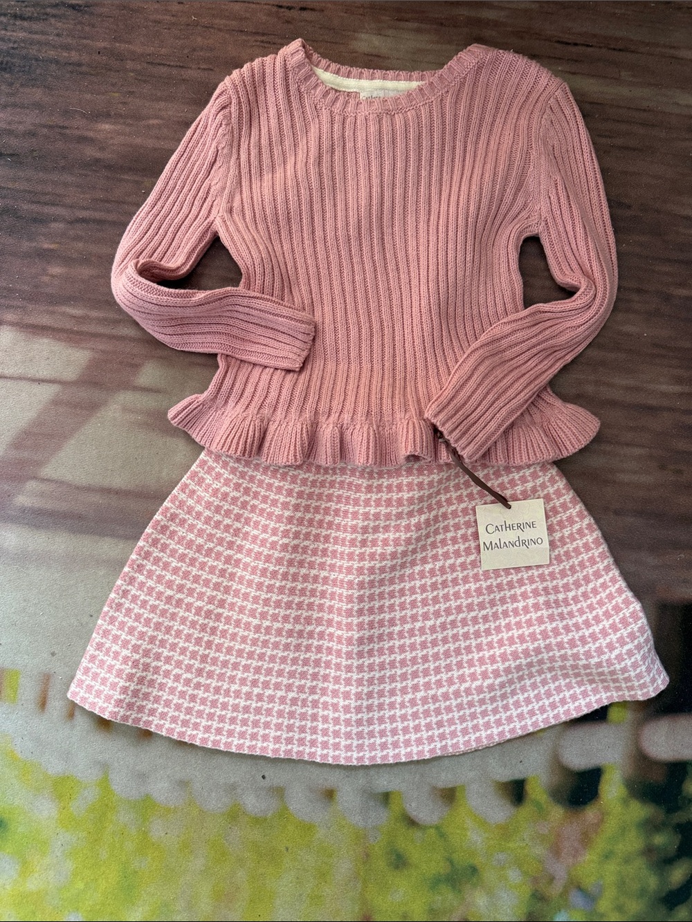 Catherine Malandrino Pink Ribbed Sweater with Patterned Skirt Set